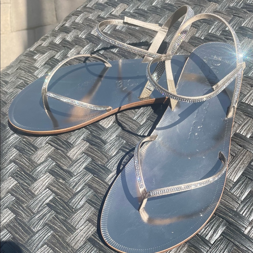 Pedro Garcia Silver Leather Sandals with Silver Metallic with Crystals